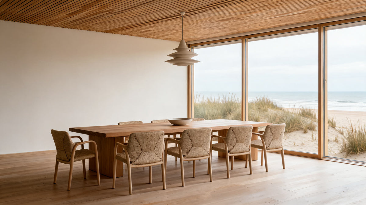A solid oak dining table with woven straw chairs and a pendant lamp, facing the sea