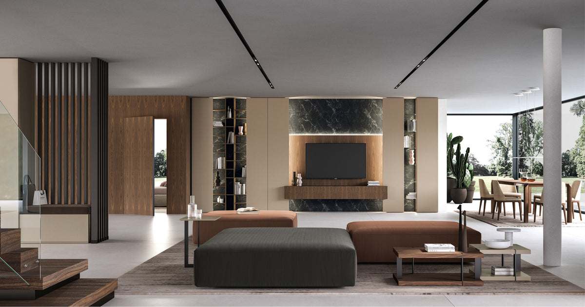 A wall-mounted living room system with integrated shelving and lighting