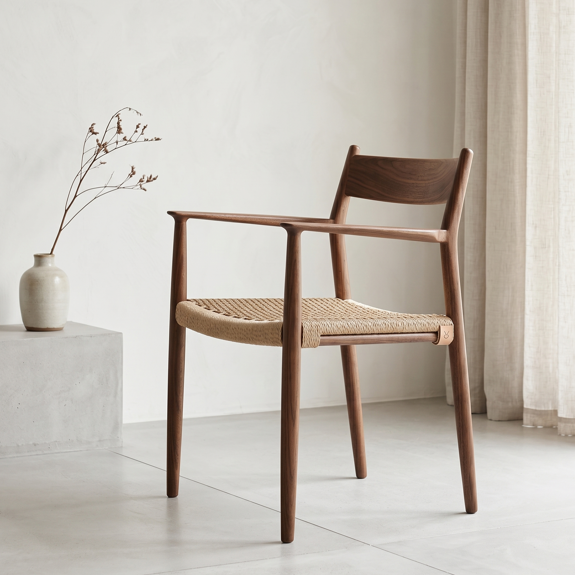 Wooden chair with woven seat in a minimalistic room with a vase and plant.