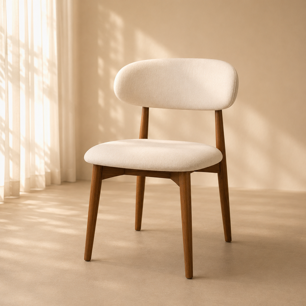 Chair with white cushioned seat and backrest in a softly lit room.