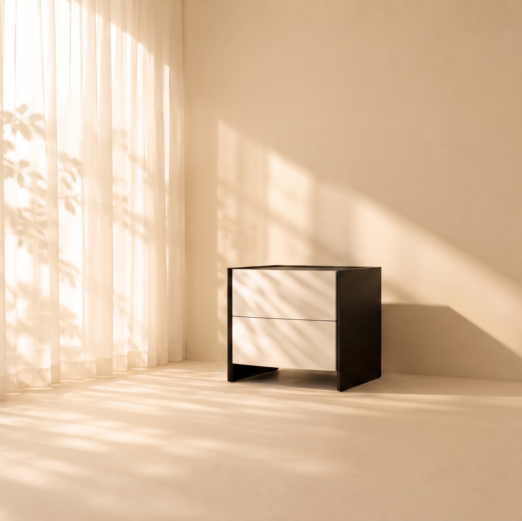 Modern black nightstand in a room with soft, natural light filtering through sheer curtains.