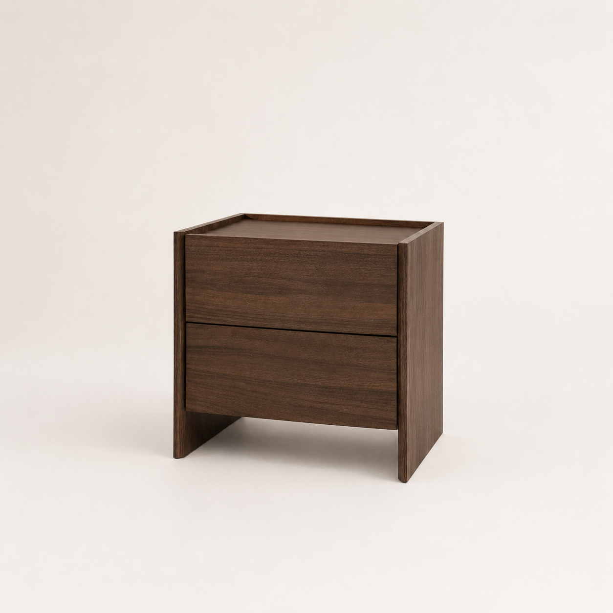 Wooden nightstand with two drawers on a white background