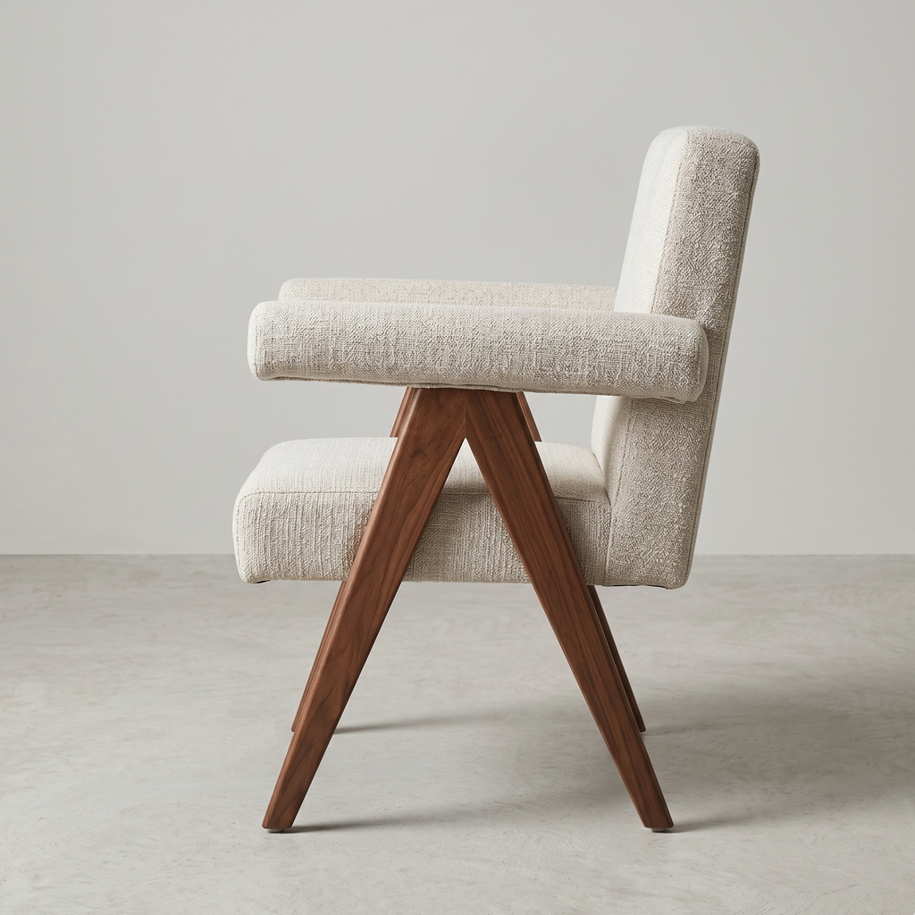 Beige armchair with wooden legs on a neutral background