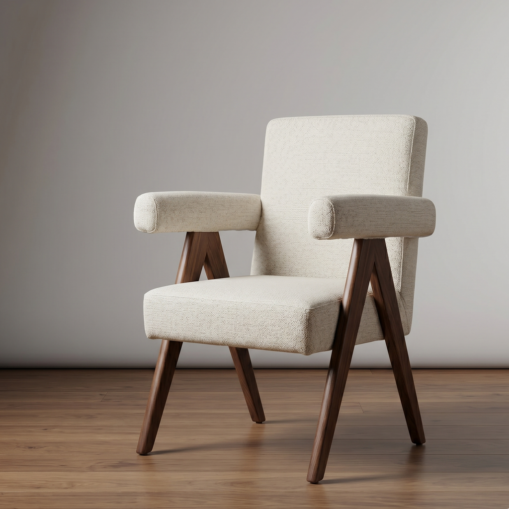 Beige armchair with wooden legs on a wooden floor against a gray wall