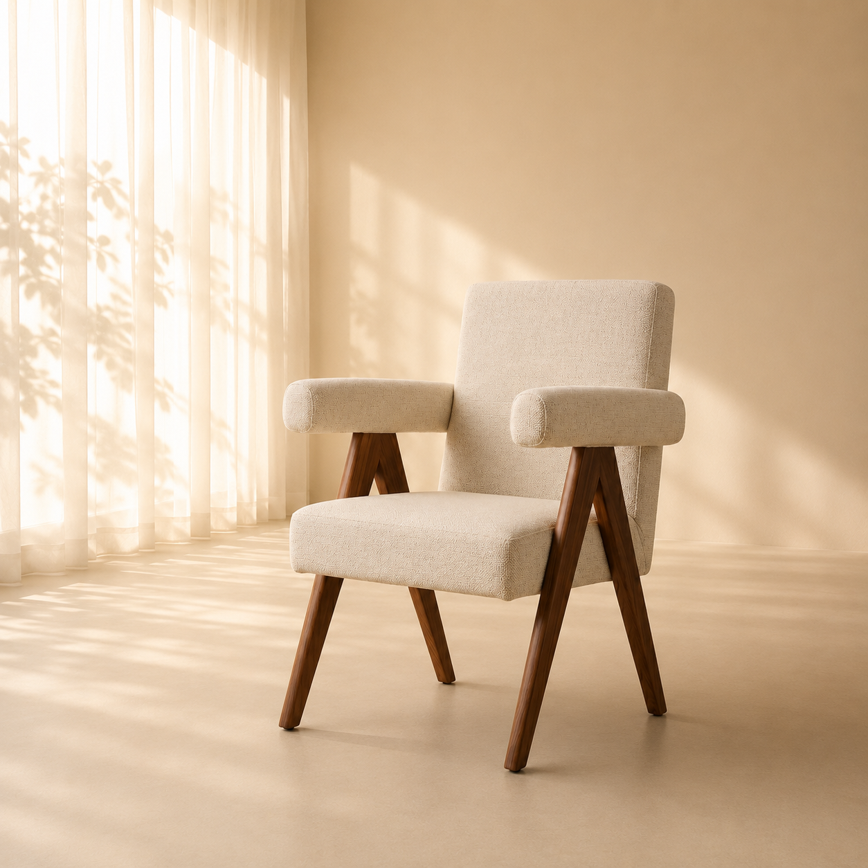 Chair with wooden legs in a room with soft lighting