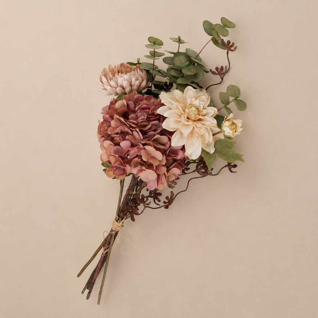 Bouquet of flowers with hydrangeas and eucalyptus on a beige background