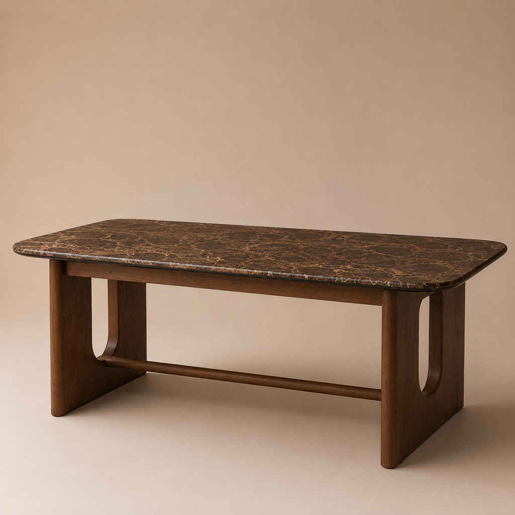 Marble-top coffee table with wooden base on a beige background
