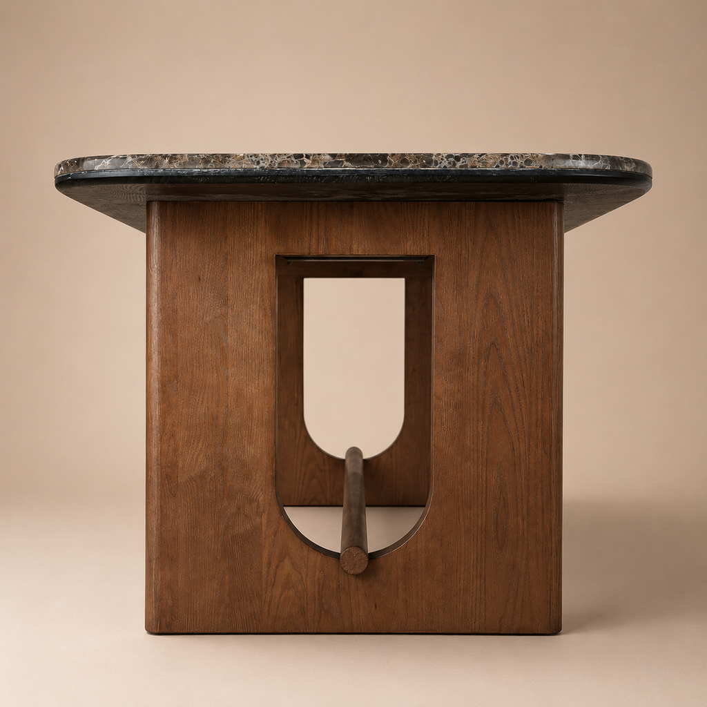 Wooden side table with marble top on a beige background