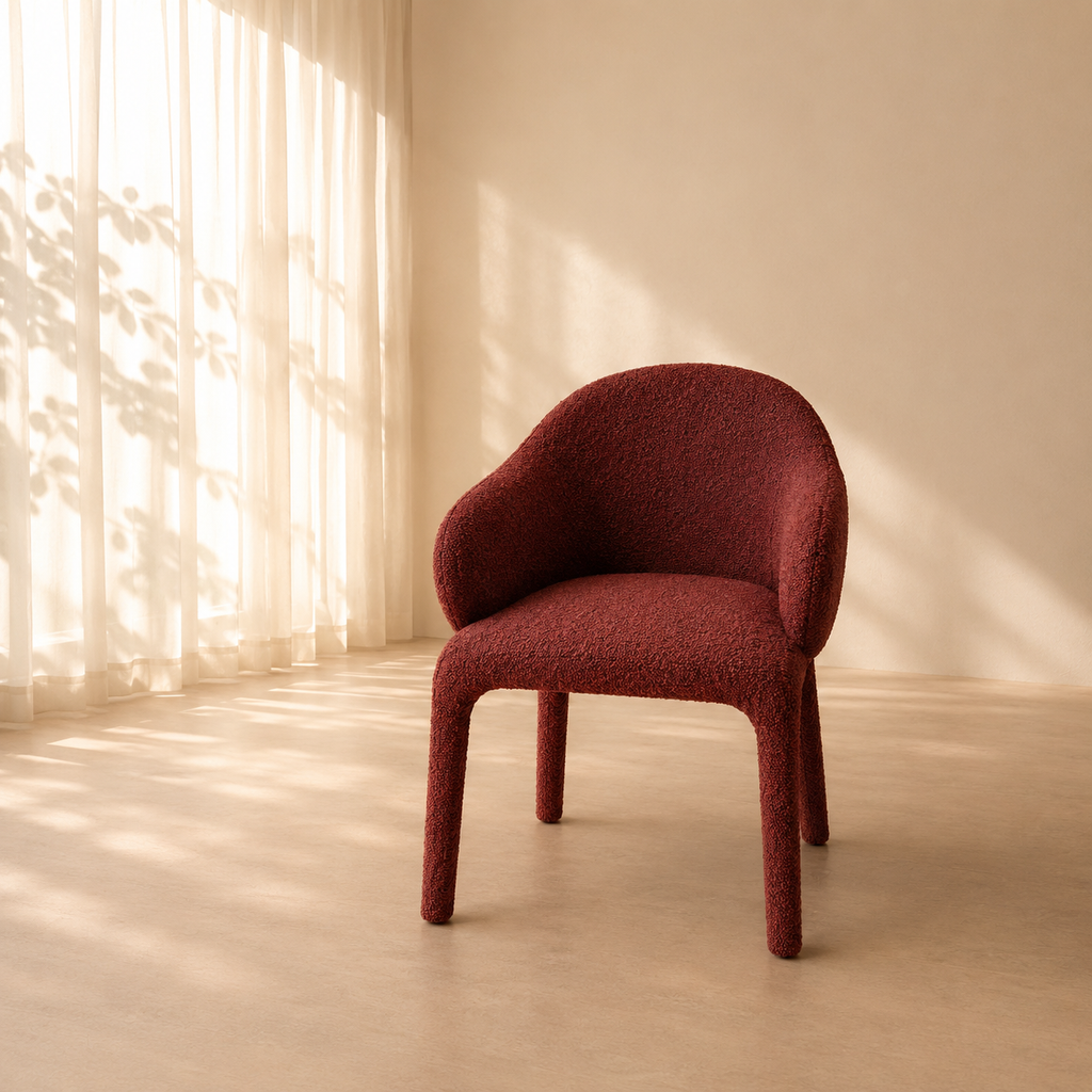 Red chair in a room with soft lighting and curtains