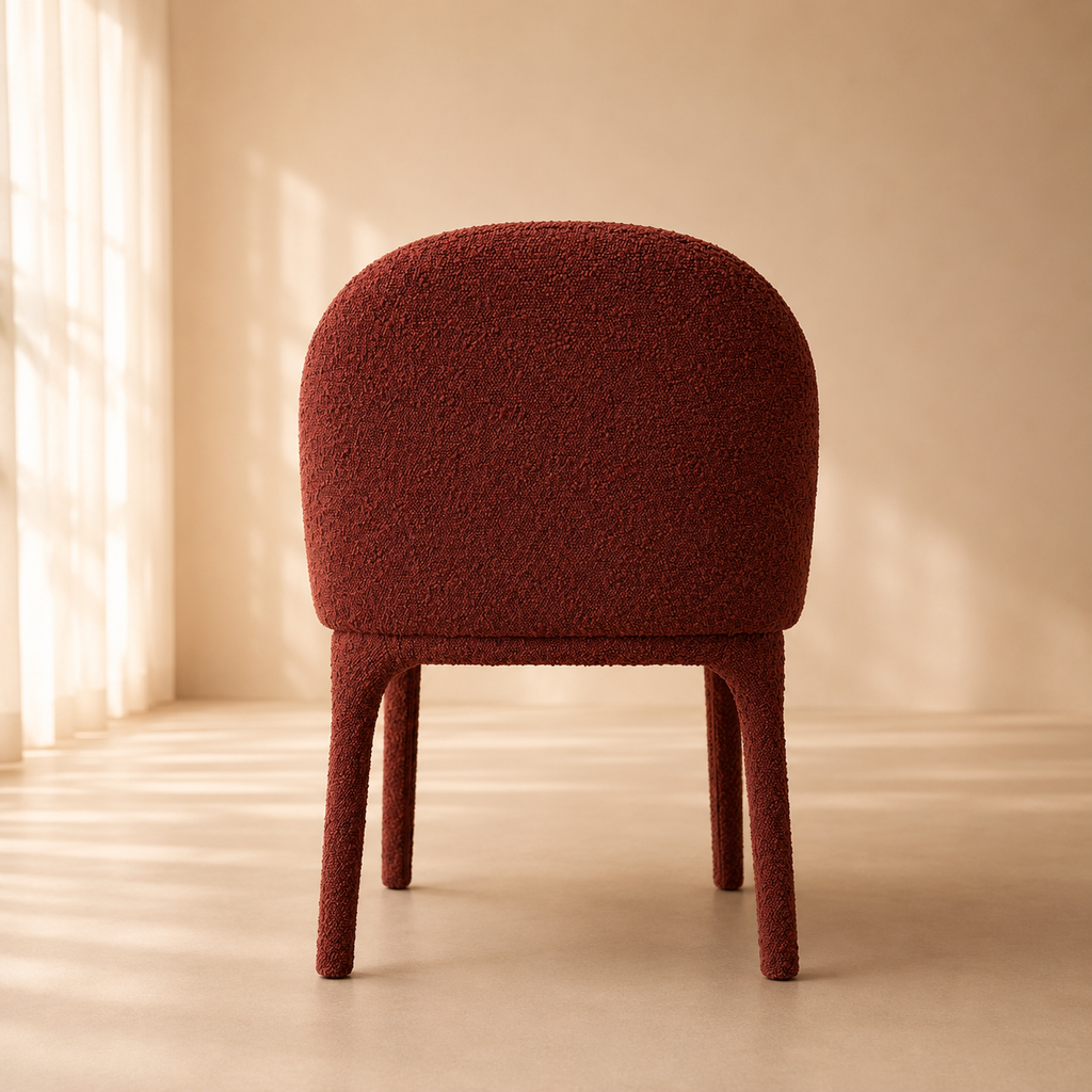Red textured chair in a softly lit room with a warm ambiance