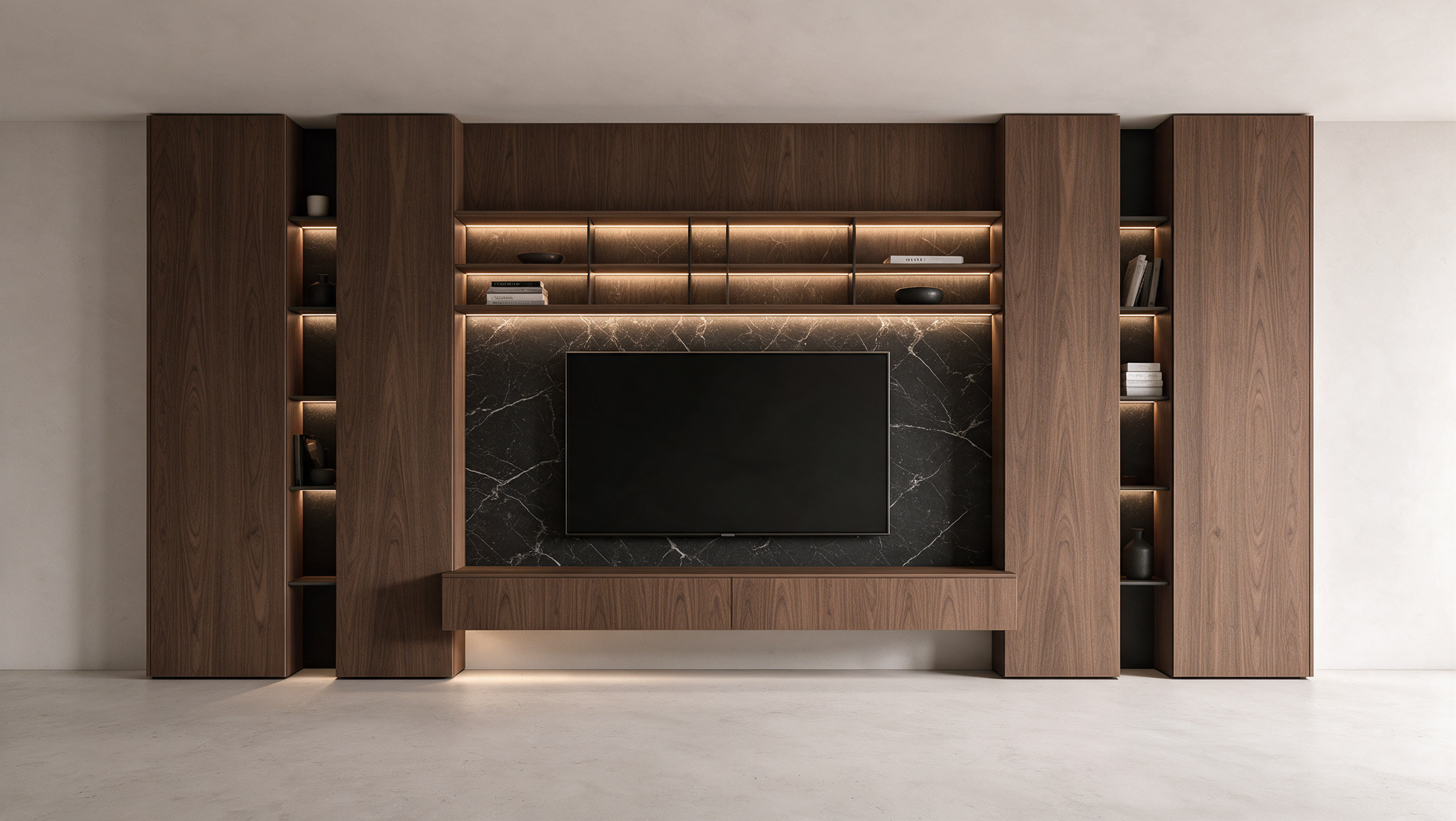 A bespoke walnut media wall with marble panel, integrated lighting and concealed storage
