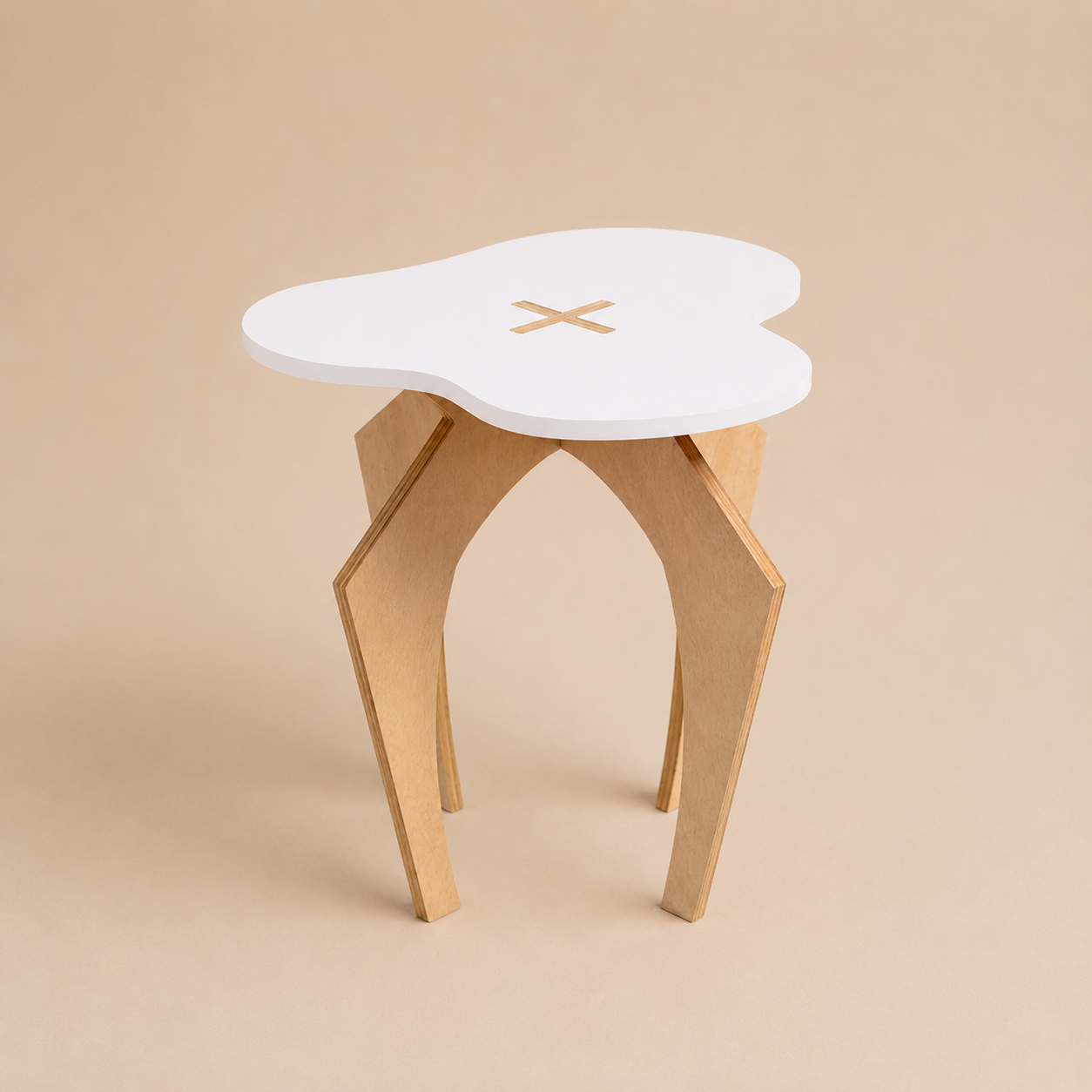 Stool with a white top and wooden legs on a beige background
