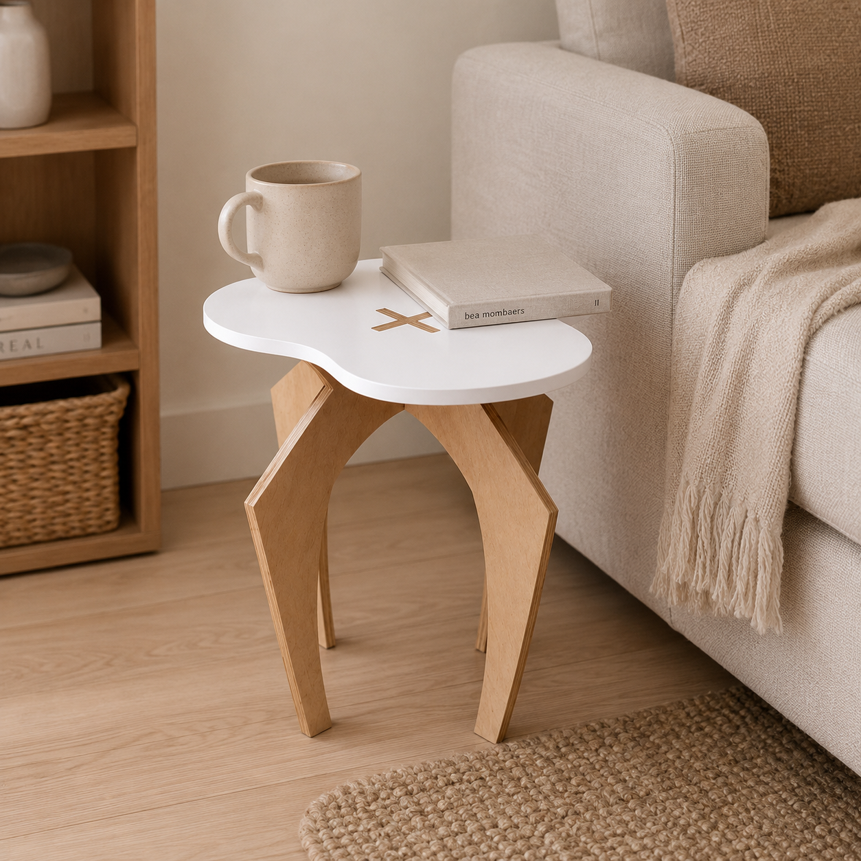 Small white side table with a mug and book next to a beige sofa in a living room.