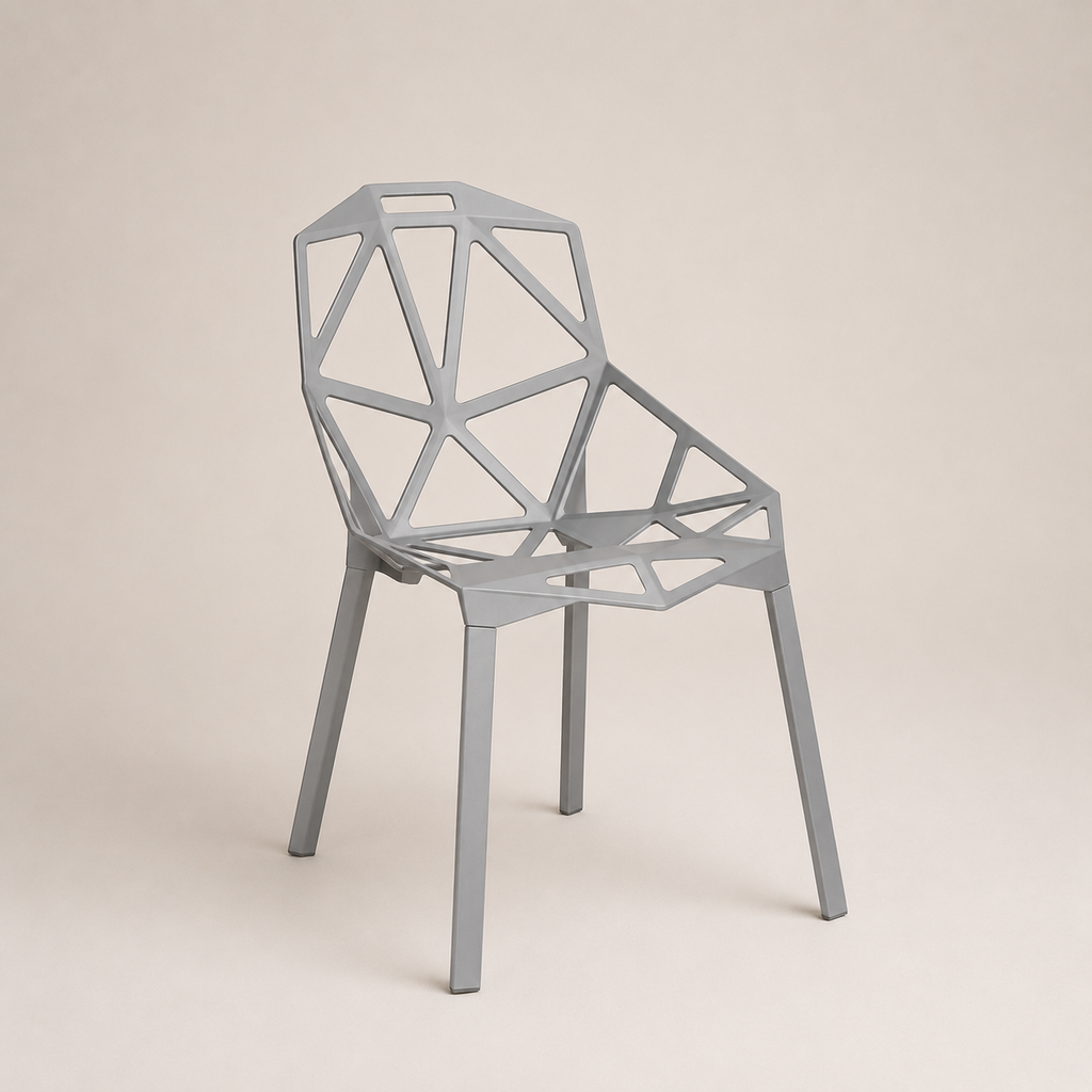 Modern gray chair with geometric design on a beige background