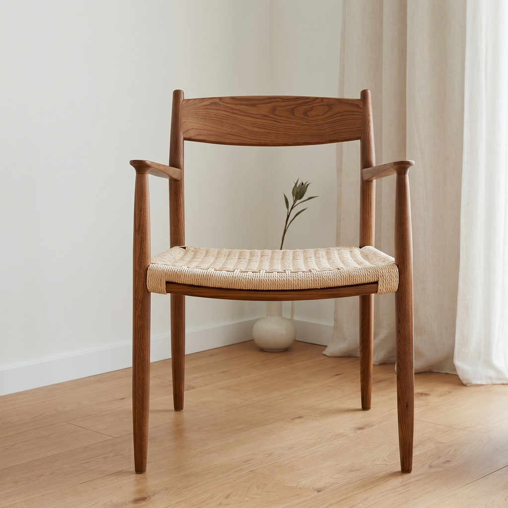 Wooden chair with woven seat in a room with light-colored walls and curtains.