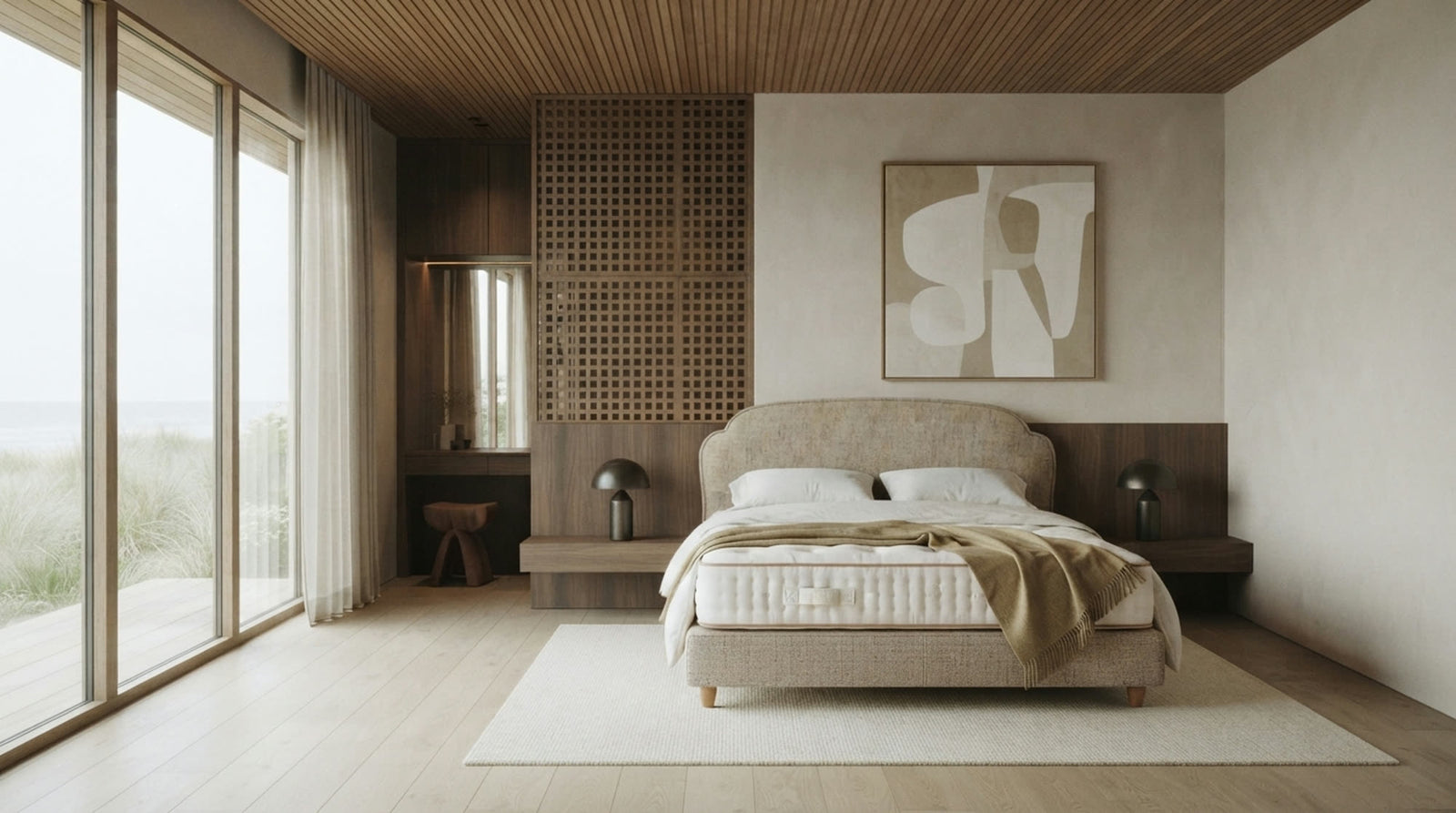 A calm coastal bedroom with an upholstered Vispring bed beneath a timber ceiling
