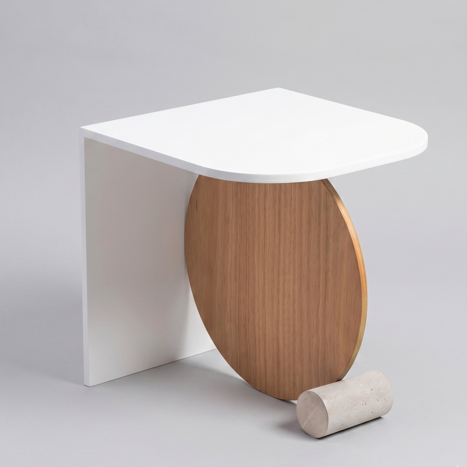 Modern side table with white top and wooden base on a gray background