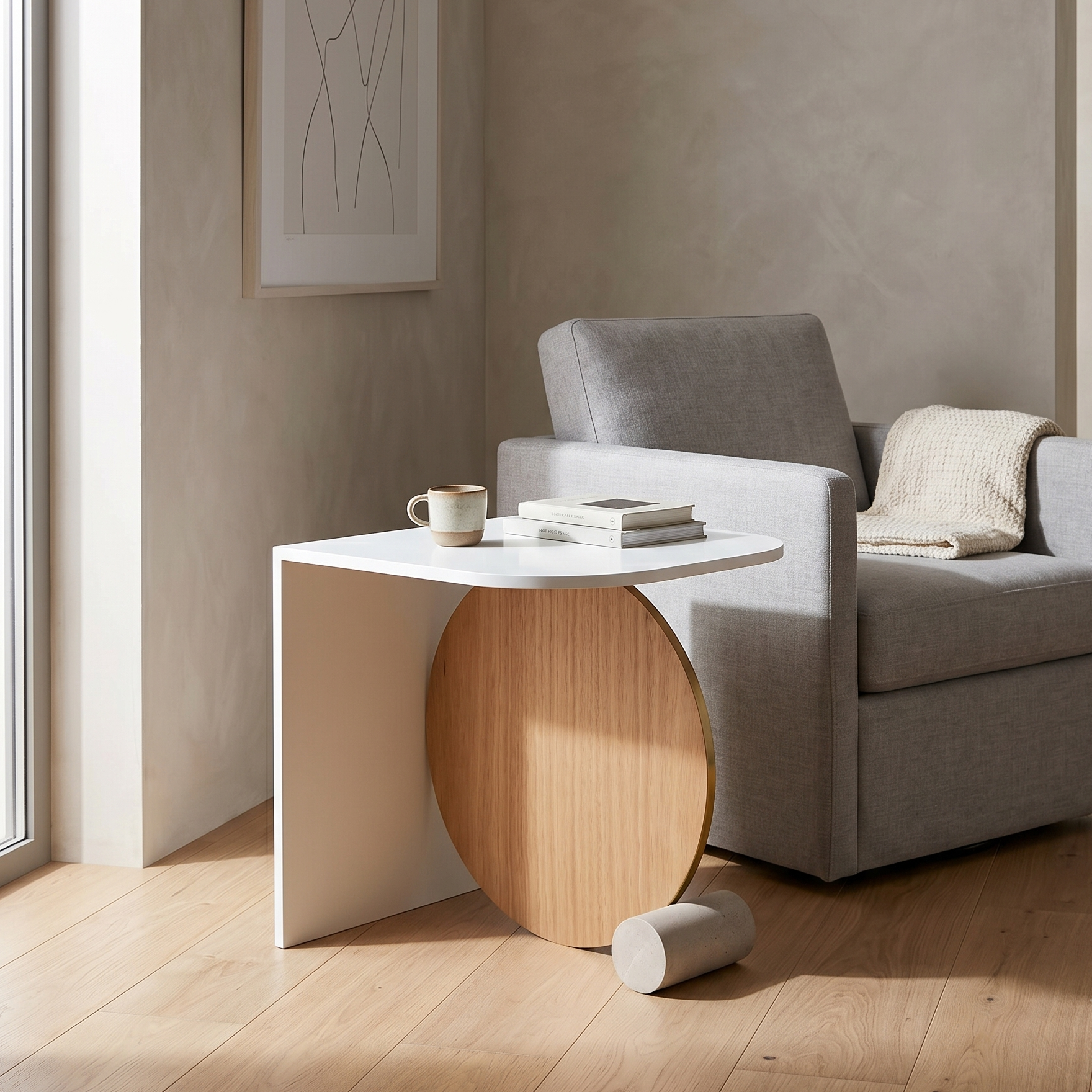 Modern living room with a gray armchair, small round table, and a plant.