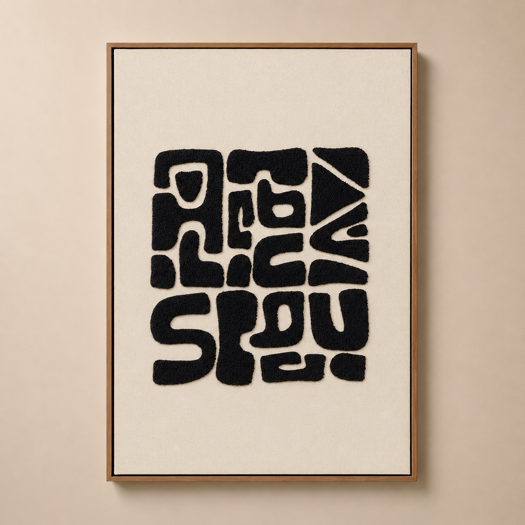 Framed abstract art print with black text on a beige background