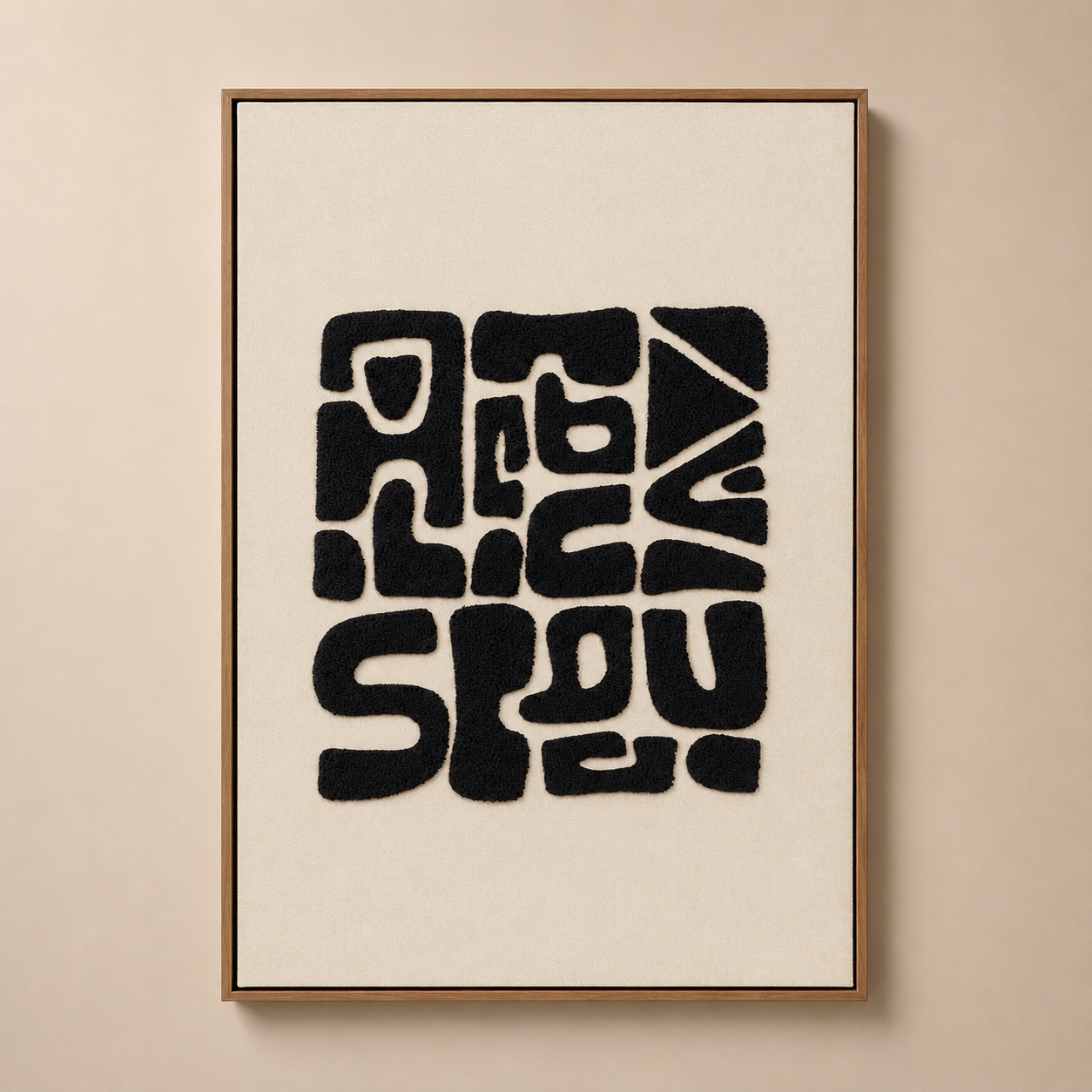 Framed abstract art print with black text on a beige background