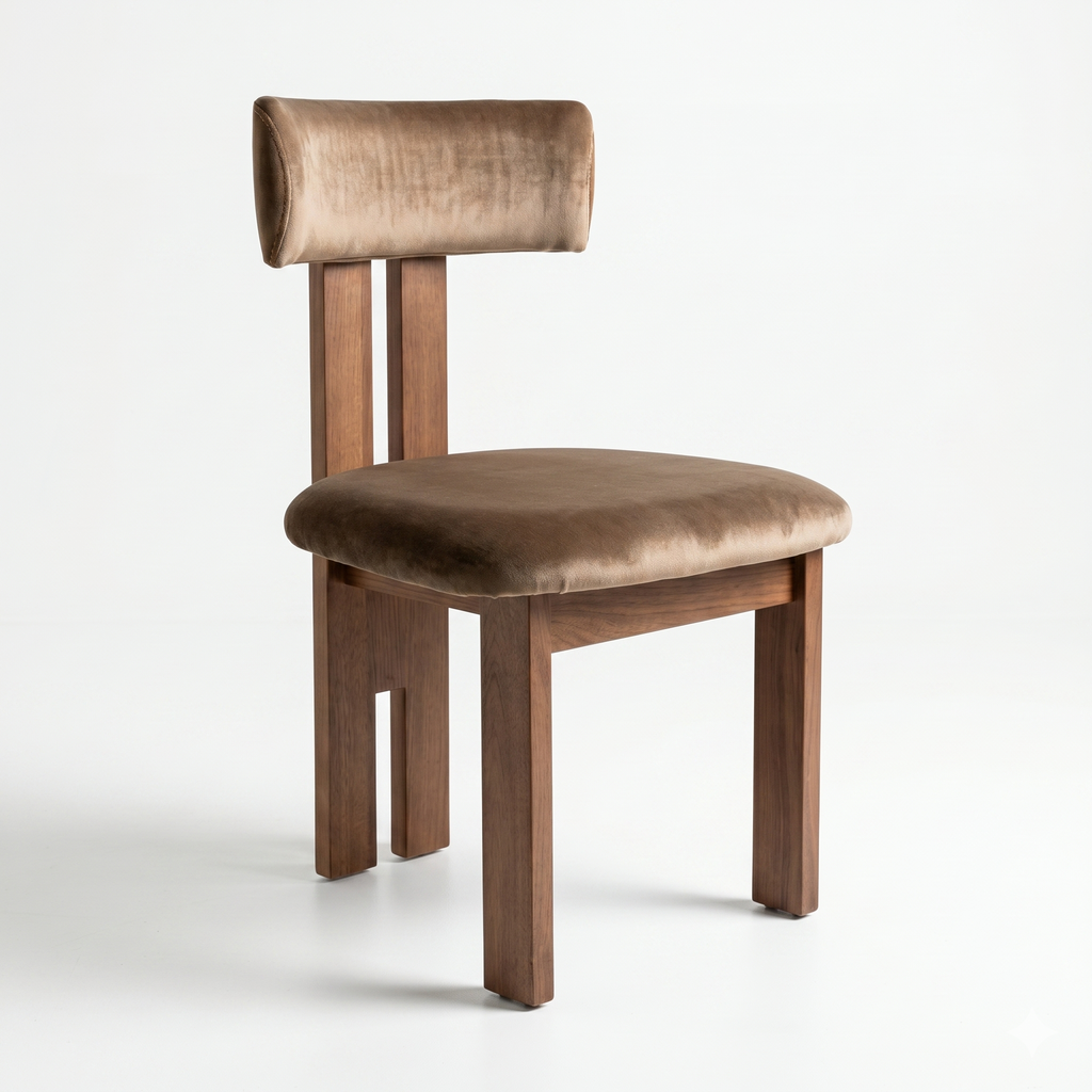 Brown upholstered chair with wooden frame on a white background