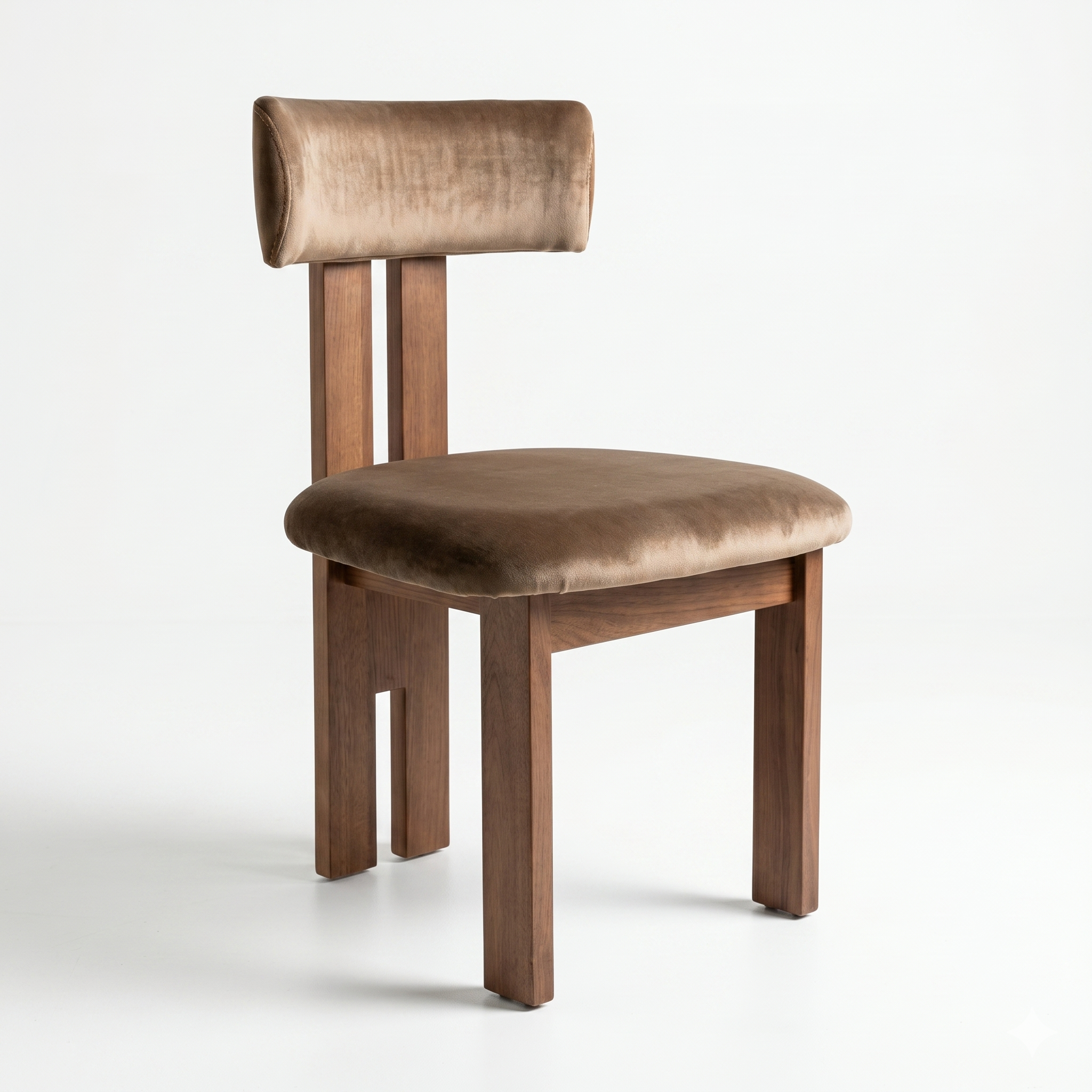 Brown upholstered chair with wooden frame on a white background