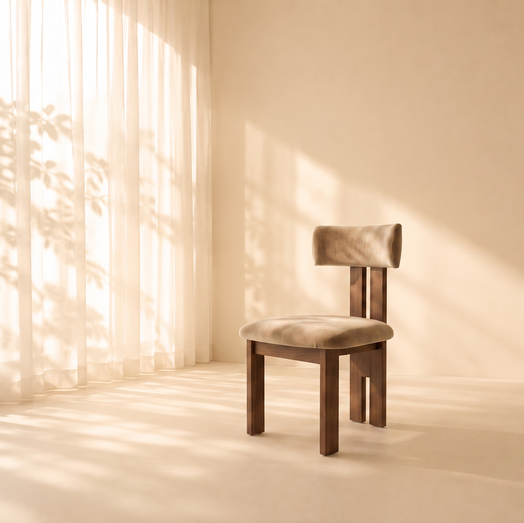Wooden chair in a softly lit room with sunlight filtering through curtains.