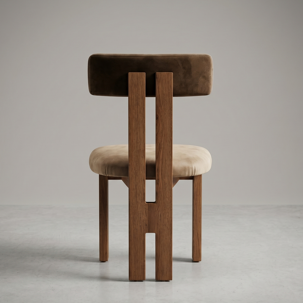 Chair with wooden frame and brown cushioned seat and backrest on a gray background